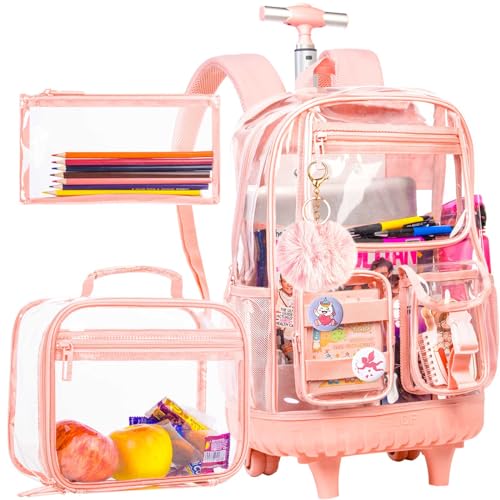 3PCS Clear Backpack Rolling Backpack for Girls, Heavy Duty PVC Transparent Bookbag, See Through School Bags with Wheels for Teens Women Elementary Travel - Pink