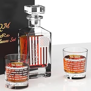 Whiskey Decanter Set with 2 Whiskey Glasses, Crystal Liquor Decanter 27 oz Square Decanter for Whiskey, Bourbon, Brandy, Liquor, and Rum (US Flag)