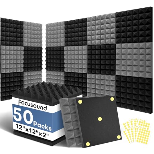 Focusound Black Grey Acoustic Panels 50 Pack 2"x12"x12" with 300 PCS Double-Side Adhesive - Sound Proof Pyramid Foam for Walls, Home Studio Noise Absorption & Echo Control Kit