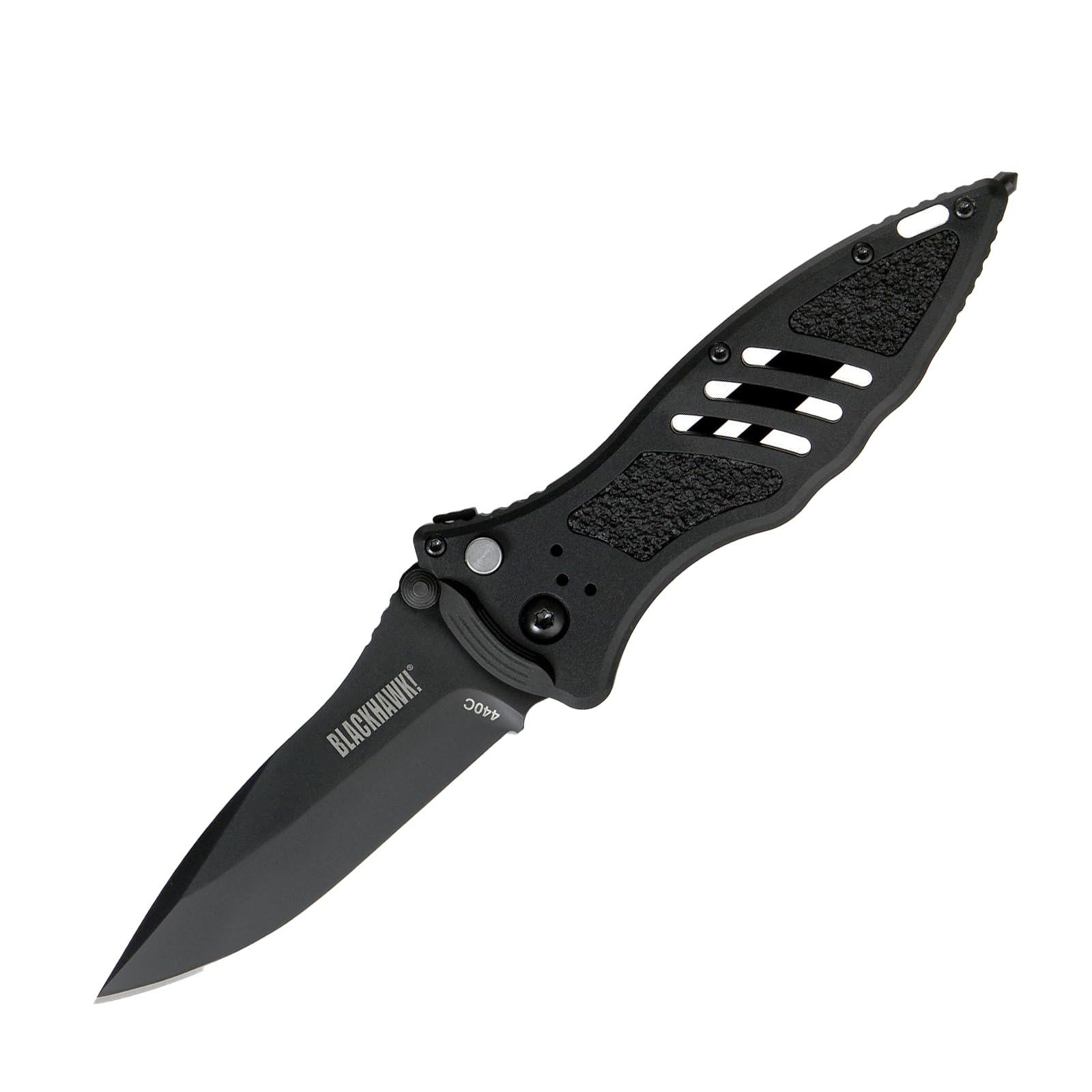 Bear & Son Blackhawk Small Button Lock Folding Knife, 3-1/4” D2 Tool Steel, Seatbelt Cutter and Glass Breaker (BH15M201BK)