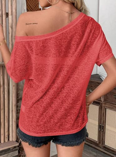 Image of Hilinker Women's Sheer Off The Shoulder Tops See Through Sexy Short Sleeve Mesh Shirt Summer