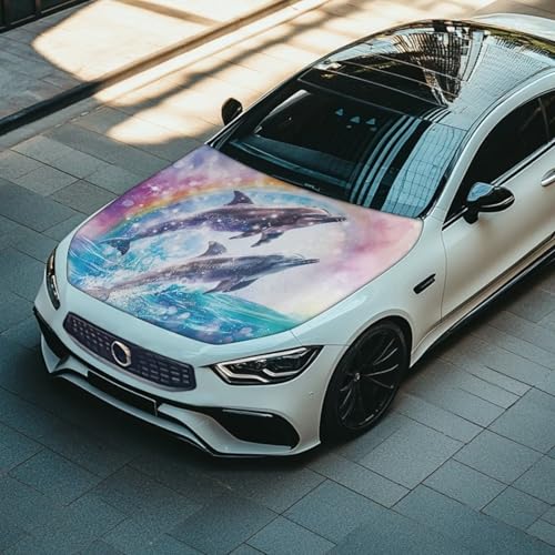 Image of Dolphin Rainbow Print Car Hood Cover Weather-Resistant Automotive Hood Covers Elastic Fabrics Car Bonnet Banner Outdoor Indoor Foldable Protective Cover