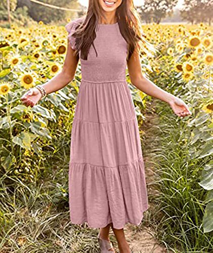 Image of Sexyshine Women's Square Neck Halter Lace Up Criss Cross Maxi Dress Tie Back Sleeveless Smocked Ruched A Line Dress