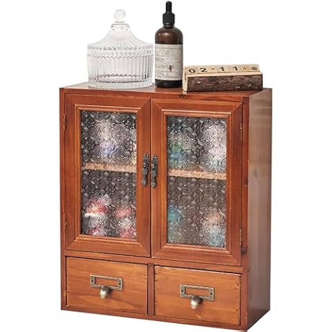 Geometric Motif Mahogany Storage Cabinet with Floral-Embossed Pressed Glass Doors – Victoria Floral Patterned Display Cupboard with 2 Drawers for Kitchen, Pantry and Countertop Organization Cover