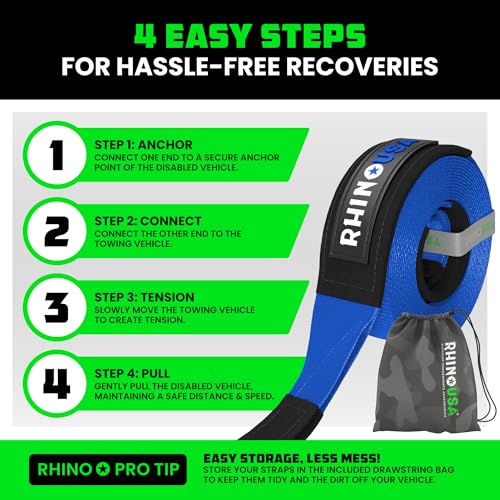 Image of Rhino USA Recovery Tow Strap (3 inchx20') - 31,518lb Break Strength- Emergency Recovery Strap Tow Rope for Truck, UTV, ATV & More - Heavy Duty Towing Strap for Offroad 4x4 Use- Compatible with Jeep (Blue)