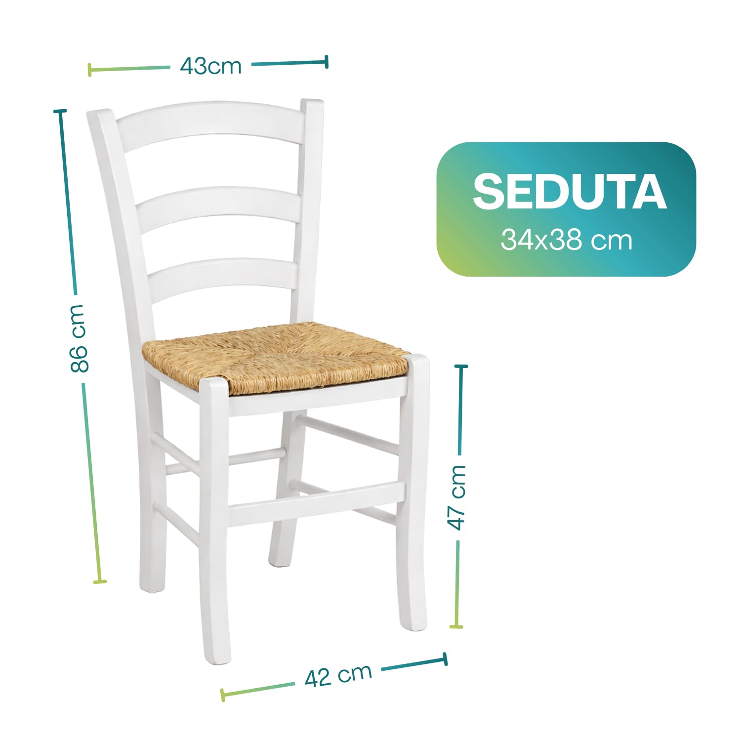 VIRSUS Set 4 Sedie Paesana in Legno con Seduta in Paglia, Misura 43x42x86 cm, Sedia Tradizionale Robusta, per Casa, Cucina, Agriturismo, Ristorante, Made in Italy (Bianco)