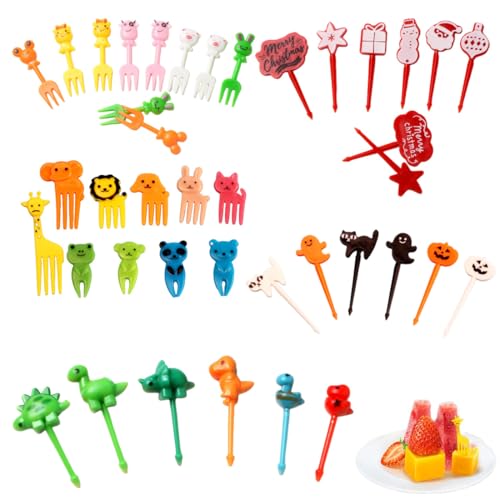 WHYCNJL 40 Piezas Finger Food Kids Mini Cartoon Bento Frutas Tenedores Palillos Comida Niños Cake Picks Accesorios Pinchos Dulces Adultos Postre Fruta Niños Halloween Christmas Party