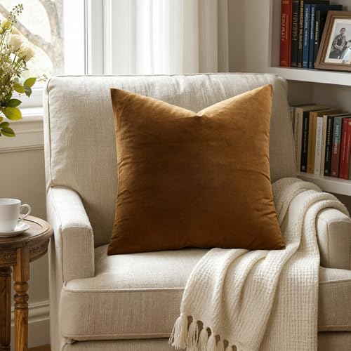 Image of MIULEE Velvet Throw Pillow Covers 20x20 Inch, Pack of 2 - Golden Brown, Super Soft Decorative Square Cushion Cases Modern Luxury Home Decor for Sofa, Couch, Bed, Chair