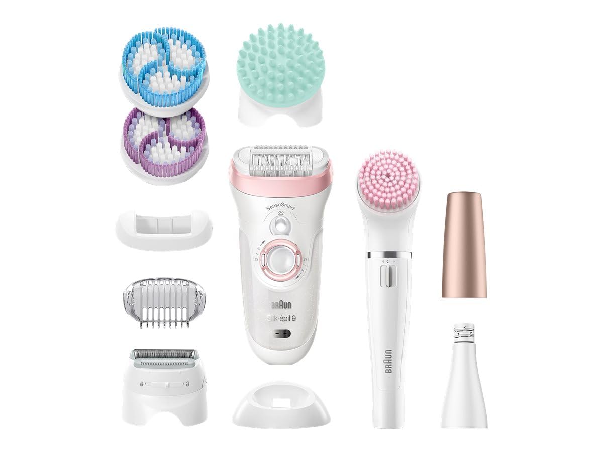 Braun Silk-épil Beauty-Set 9 Deluxe 7-in-1 Epilierer Damen / Haarentferner, Facespa Gesichtshaarentferner, Rasierer, Peeling, Reinigungskit für Gesicht und Körper, 9-985, weiß/rosa