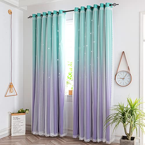 Image of Yancorp Kids Curtains for Girls Bedroom - Princess Panel for Daughter Room, 84 Inches Long, Star Design with Tieback & 3 Bowties (Purple Teal, W52*L84)