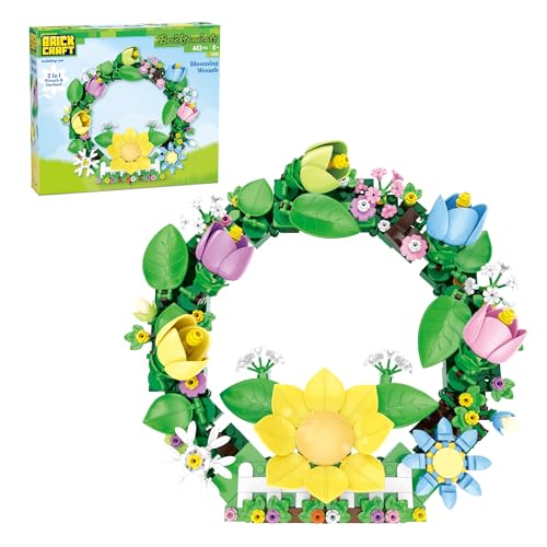 Brickcraft Flower Wreath Building Set, 443 Pieces 2-in-1 Wreath & Garland Kit – Sunflowers Tulips Roses Daisies Botanical Building Blocks – Home Décor Gift for Adults Women Teens Mom Grandma