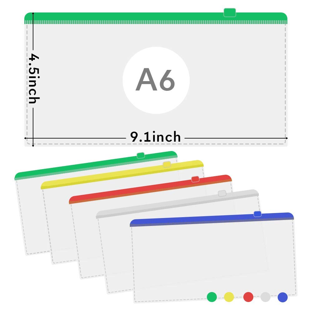 20 buste in plastica con cerniera, formato A6, 5 colori, per documenti da 22,9 x 11,9 cm