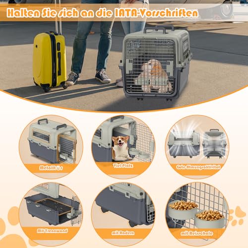 FIVMEN Hundebox Transportbox Hund 80x57x70 cm Hundetransportbox mit Rollen und Eisen Fenstern Türen Tiertransportbox Flugzeugbox für Hunde Flugzeug Auto Reise & Transport