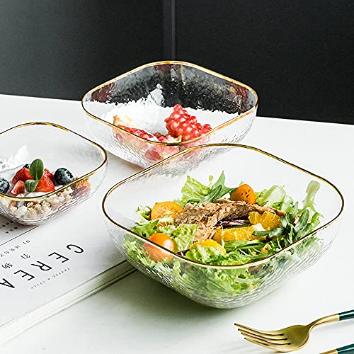 Saladeira de vidro quadrada, tigela de salada com borda dourada nórdico, tigela de vidro transparent