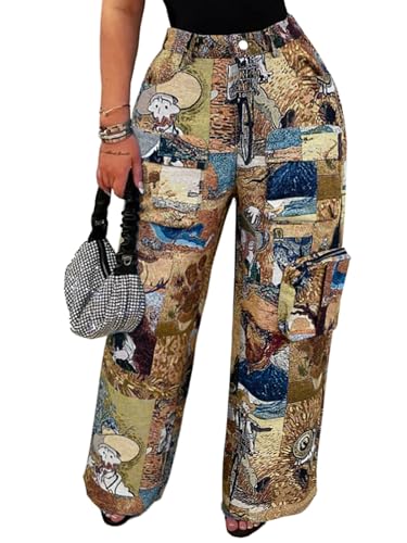 Angsuttc Cargo Pants Women High Waisted Wide Leg Trousers Patchwork Art Print Streetwear with Multi Pockets
