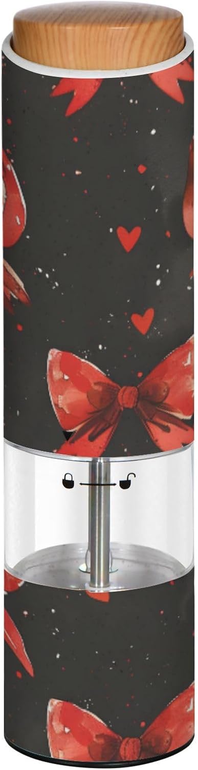 ALAZA Electric Pepper Grinder with Adjustable Coarseness, Red Bow Heart Black Pattern Battery Automatic Salt and Pepper Mill with Led, One-Handed Operation Spice Grinder for Kitchen, Camping & BBQ
