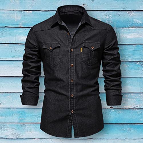 Men's Solid Color Long-Sleeved Denim Shirt Simple Lapel Workwear Top Jacket2