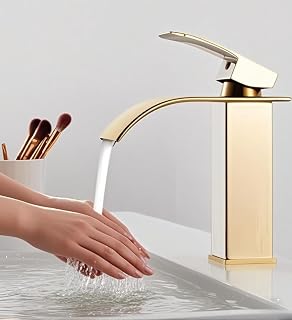 067 - Grifo de lavabo de acero inoxidable, tono dorado, acabado pulido, moderno grifo para lavabo de baño, mezclador monomando