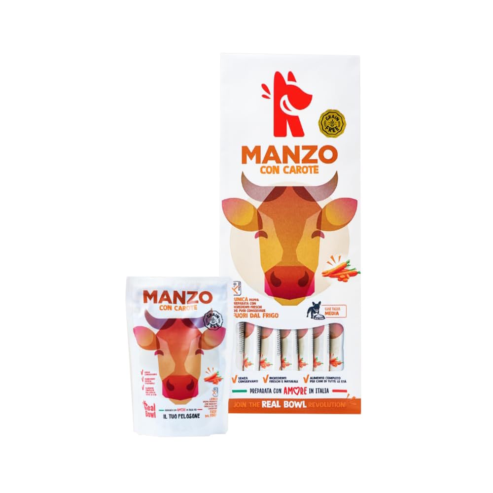Cibo per cani al manzo naturale, 14 buste x 700g, monoproteico e senza cereali e conservanti, pappa fresca casalinga, Made in Italy, adatto a tutte le razze e taglie