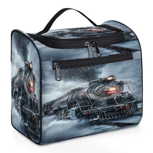 Borsa da trucco da viaggio con treno a vapore vintage invernale per donne uomini ragazze e ragazzi borsa da toilette da 11.2 l da da appendere per cosmetici borse da doccia