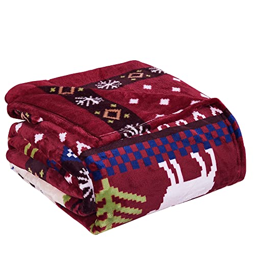 Home Soft Things Christmas Collection Flannel Fleece Blanket, Twin, Burgundy Christmas Deer, 90" X 60", Winter Warm Cozy Throw Blanket For Bed Home Décor #TOP6