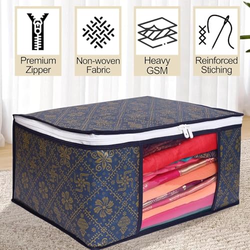 Image of LAXIS Saree Organiser for Wardrobe, Foldable Royal Print Saree Covers for Storage Set with Clear Window & Zipper, (Golden-Navy blue, Pack of 3)