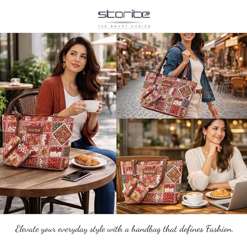 Image of Storite Women's Tote Bag with Leather Handles & Embroidery Printed Handbag with Zip Pockets, Shoulder Tote Bag and Handbag for Office and College