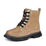 JABASIC Girls Boys Ankle Boots Lace-Up Waterproof Work Boots with Side Zipper (12,Gold/Glittery)