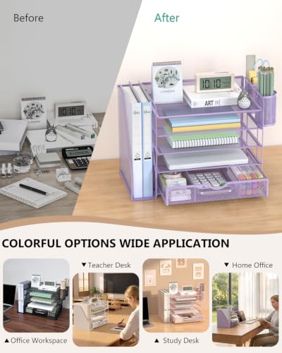 Image of WALI Desk File Organizer, 5 Tier Desktop Paper Letter Tray Organizer with Drawer and 2 Pen Holders, Office Desk Accessories & Workspace Organizers for Office, Home Supplies(DO006DH-V), 1 Pack, Purple
