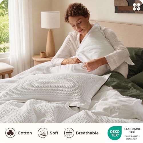 Image of Bedsure Cotton Duvet Cover Full - 100% Cotton Waffle Weave Coconut White Duvet Cover Set, PureWoven Breathable Bedding Set for All Season, 3 Pieces, 80 inchx90 inch