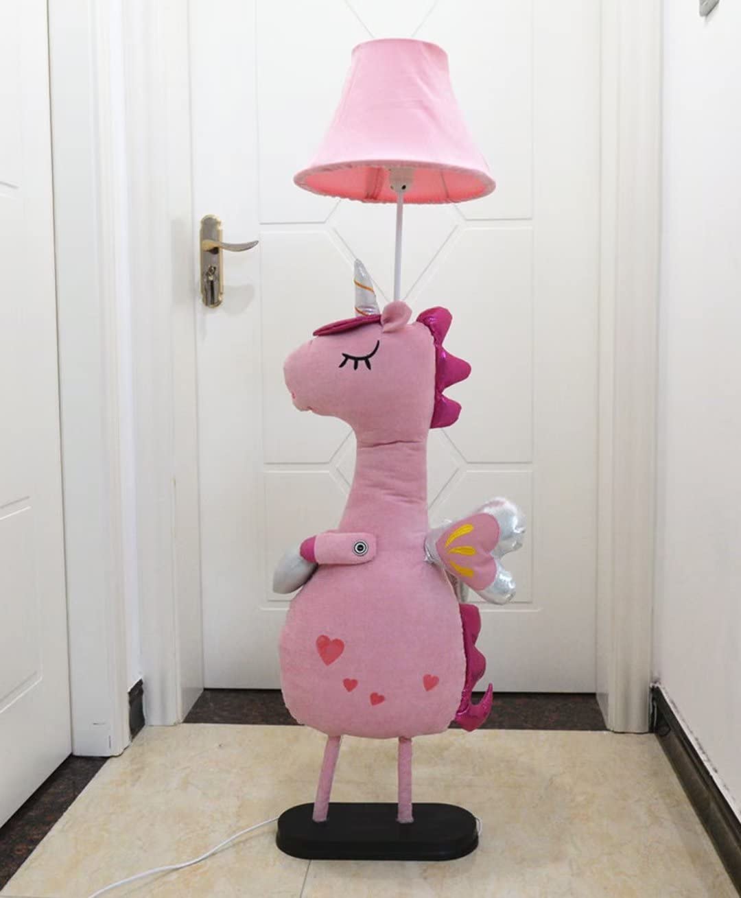 Lampadaire licornes dessinées, lampe sur pied modèle animal mignon avec abat-jour en toile, lampe de chevet pour chambre d'enfant, éclairage décoratif, support de lampe E27, bouton poussoir