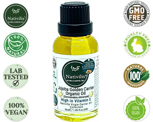 Nativilis Organic Jojoba Golden Carrier Oil (Simmondsia chinensis) 30ml / 1.05 fl oz, Cold Pressed, 100% Pure, Non-Greasy - Image 4