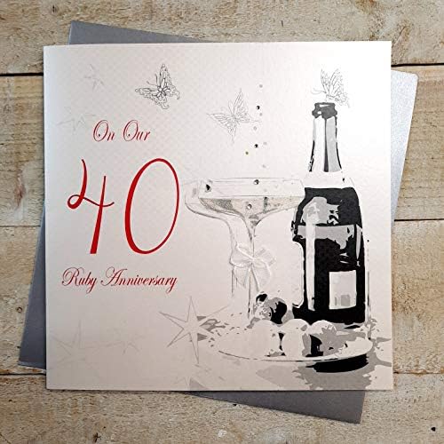 White Cotton Cards tamaño Grande on Our Ruby Aniversario de Boda, Hecho a Mano 40th con Texto en inglés Tarjeta, Blanco