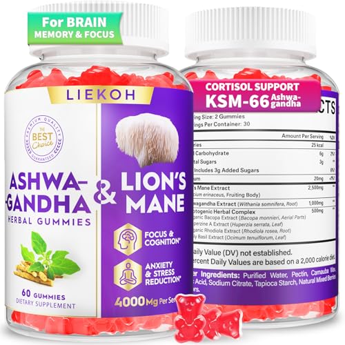 Ashwagandha Gummies - Organic Ashwagandha & Lions Mane Gummies for Adults with 4 Adaptogenic Herb for Stress, Cognitive & Immune Support| Cortisol Supplements for Women & Men, Berry Flavor - 60 Counts