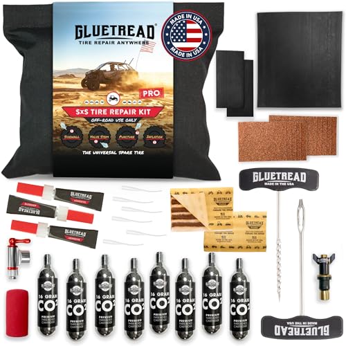 GlueTread SxS Pro Tire Repair Kit Ultimate Off-Road Tire Repair Kit Includes Sidewall Repair Patches Colby Emergency Valve Emergency Tire Plug Kit with 12 Plugs T Handles and 8 CO2 Cartridges