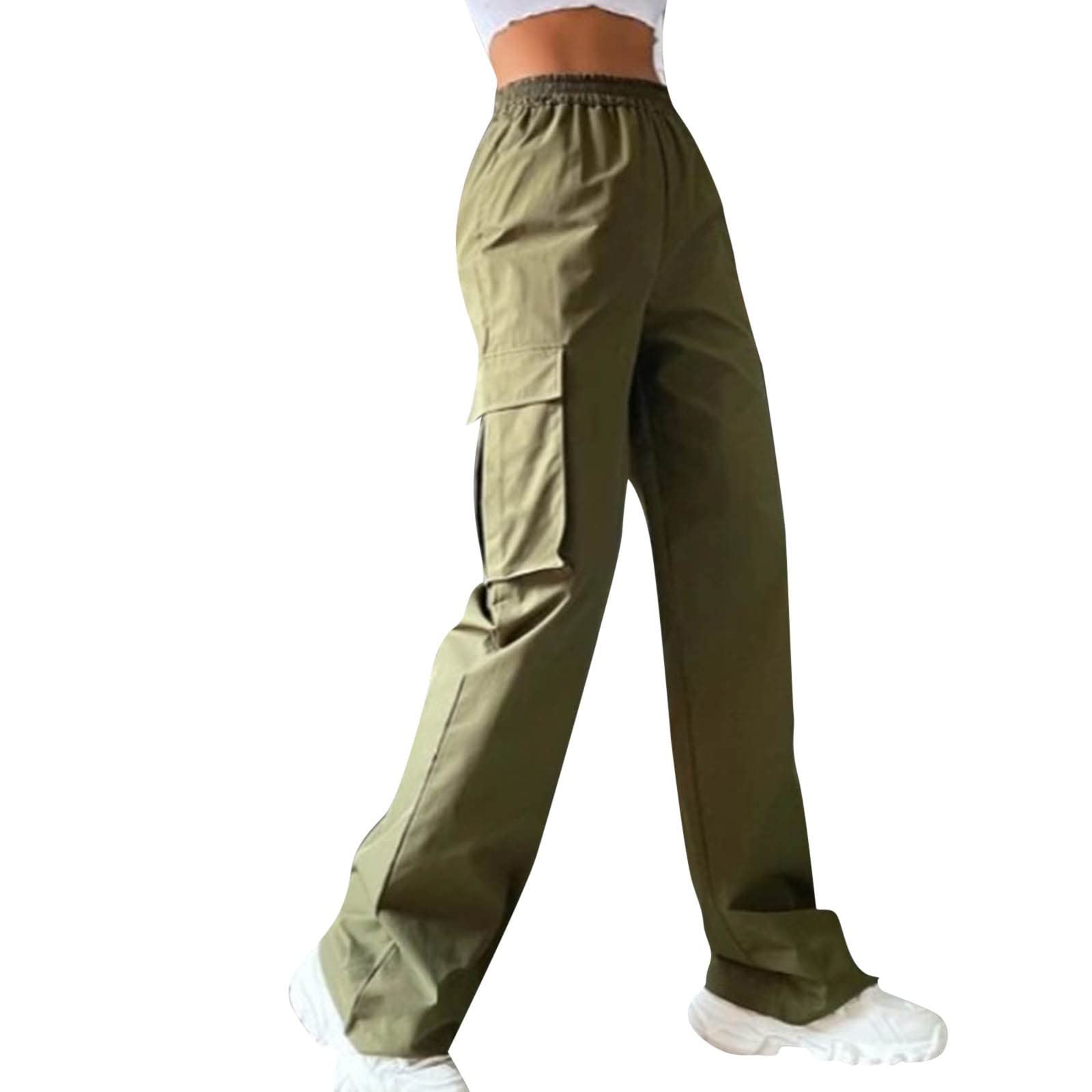 Cargo Pants for Women Elastic High Waist Baggy Casual Pant Hiking Stretchy Wide Leg Streetwear Work Pant with Pockets Army Green XXXL