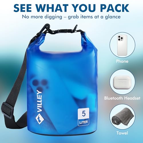 Image of VILLEY Dry Bag Waterproof 5L Roll Top Storage Backpack, Keeps Gear Dry Lightweight Backpack for Kayaking Boating Camping Swimming and Beach Accessories Blue Transparent