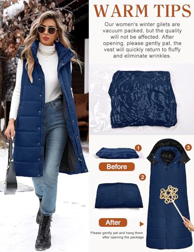 Tuopuda Chaleco Largo para Mujer de Capucha con Cremallera Chaleco Acolchado de Plumas Chaqueta de Invierno sin Mangas Abrigo de Cálidos on Bolsillos(Marina,XL) - imagen 5