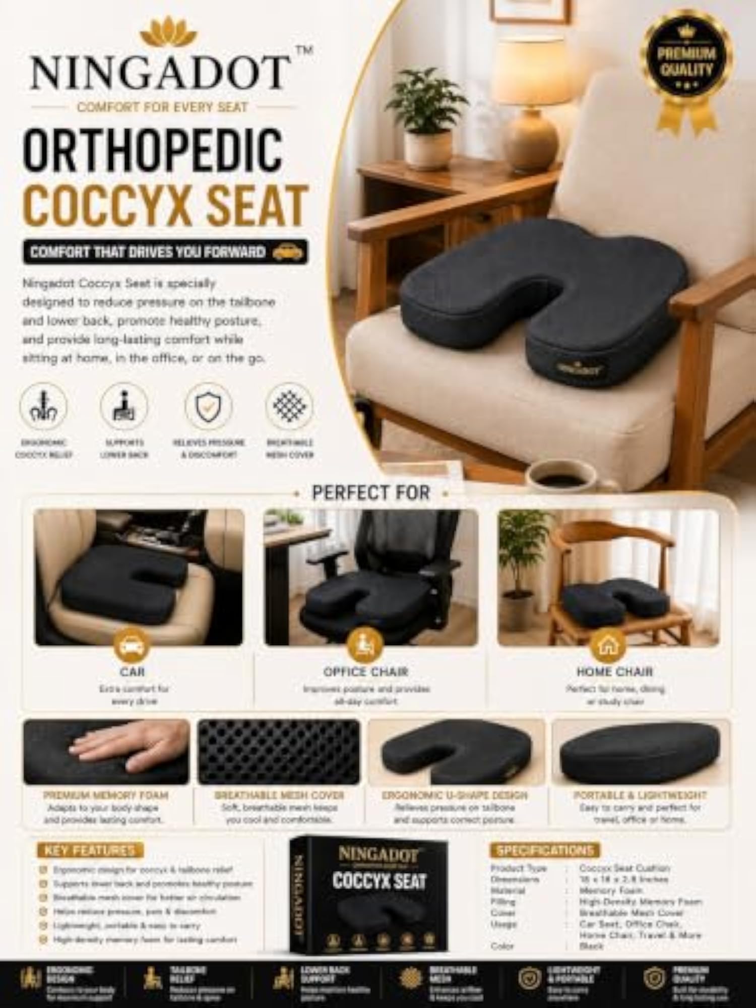 U Shape Chair Cushion, Comfortable Black