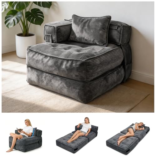 Image of Folding Sofa Bed Chair with Armrests, Convertible Futon Couch Sleeper Chair for Adults, Fold Out Boneless Chair Bed, Foldable Sofa Lounge for Small Spaces, with Pillow, Dark Grey