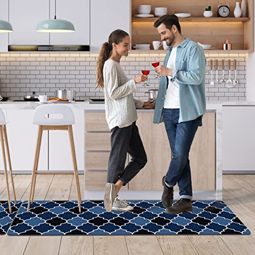 Moonysweet Anti Fatigue Kitchen Rug Mat Non Skid Cushioned Navy Blue Black Waterproof Non Slip Pvc Leather Runner Standing Mat Trellis Quatrefoil 17" X 59" (1 Piece Only) #TOP2