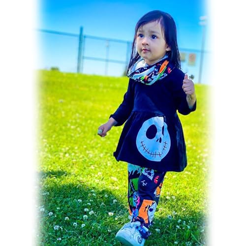 Image of HINTINA 3PCS Baby Girls Halloween Outfits Skull Tops Ghost Leggings Pants with Csarf Hat Clothes set