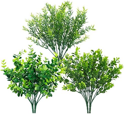 6 Bundles Artificial Greenery Stems Mixed Fake Plants Eucalyptus Rosemary Magnolia Stems Faux Plastic Artificial Plants for Outdoor Indoor Garden Home Window Box Decor