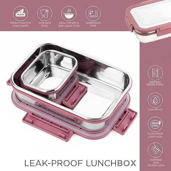 Image of Stainless Steel Lunch Box Set 1200ml (1000ml + 200ml), Leak-Proof Rectangular Tiffin Box with Mini Container, Food-Grade Lunch Box for Kids, School, Office & Travel (Pink)
