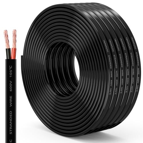 50 FT 18 Gauge Wire 2 Conductor Electrical Wire, 18 AWG Stranded PVC Cord, 12V Low Voltage/Copper Clad Aluminum/Flexible Cable Extension Cord for Speaker, LED Strips, Automotive 12V/24V DC