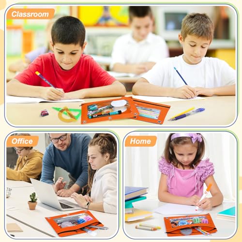 Image of Shemira Pencil Pouch for 3 Ring Binder, Binder Pencil Pouch with Smooth Zipper, Clear Window Pencil Case for Binder, Zipper Pencil Pouches, Big Capacity 3 Ring Binder Pencil Bag, Orange