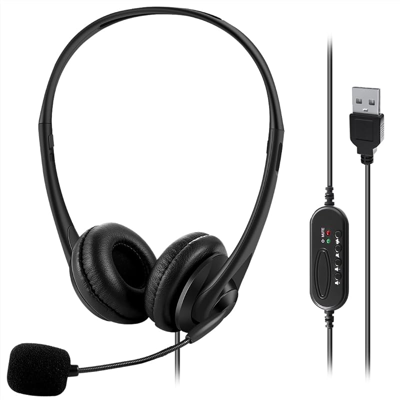 Computer USB Headset with Mic, Wired Headphones with Microphone for PC, Laptop (Black Slender)