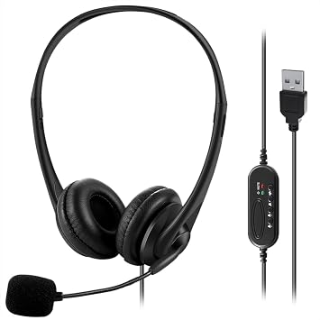 Computer USB Headset with Mic, Wired Headphones with Microphone for PC, Laptop Black Slender