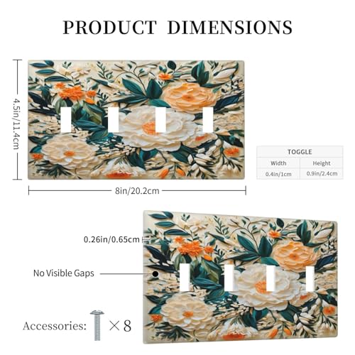 Decorative Switch Covers Plate Rustic Big Flowers Abstract Floral 4 Gang Wall Plate Oversized Quad Toggle Light Switch Plate Jumbo Faceplate for Country Bedroom Home Decor