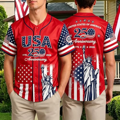 Camiseta de béisbol patriótica Estados Unidos 250 aniversario con estampado de Estatua de la Libertad, camisa con botones, polo transpirable de manga corta miniatura 2
